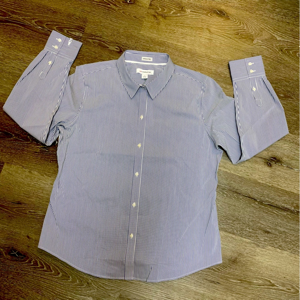 Striped Long Sleeves Shirt with Classic Collar Button-up Size L Blue and White